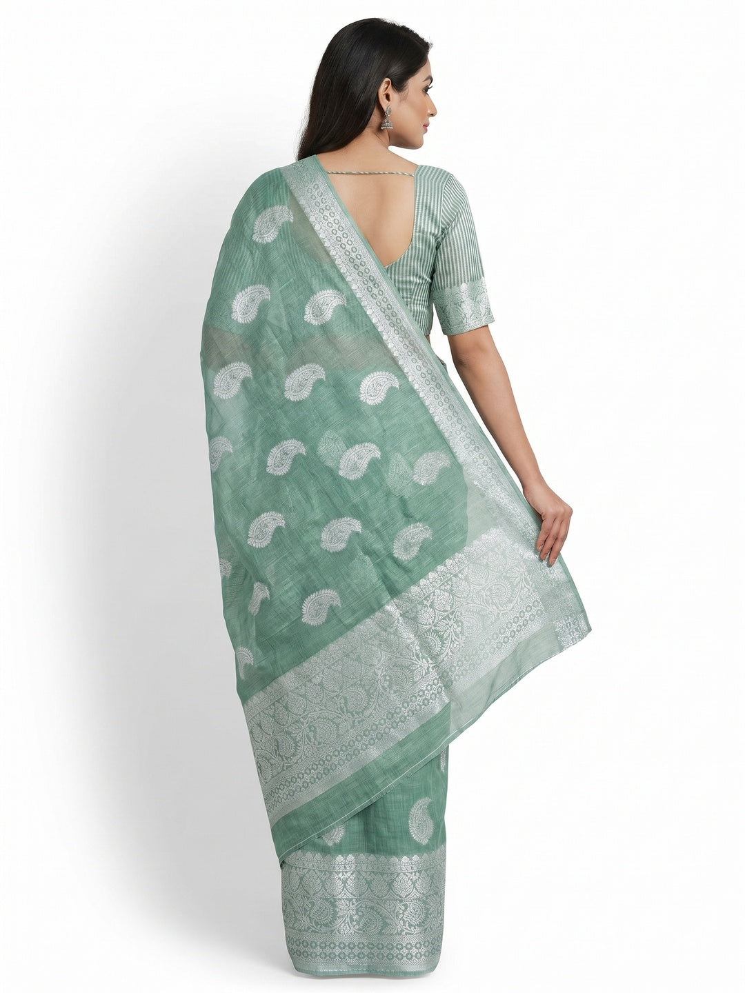 Green Woven Linen Saree - Image 3