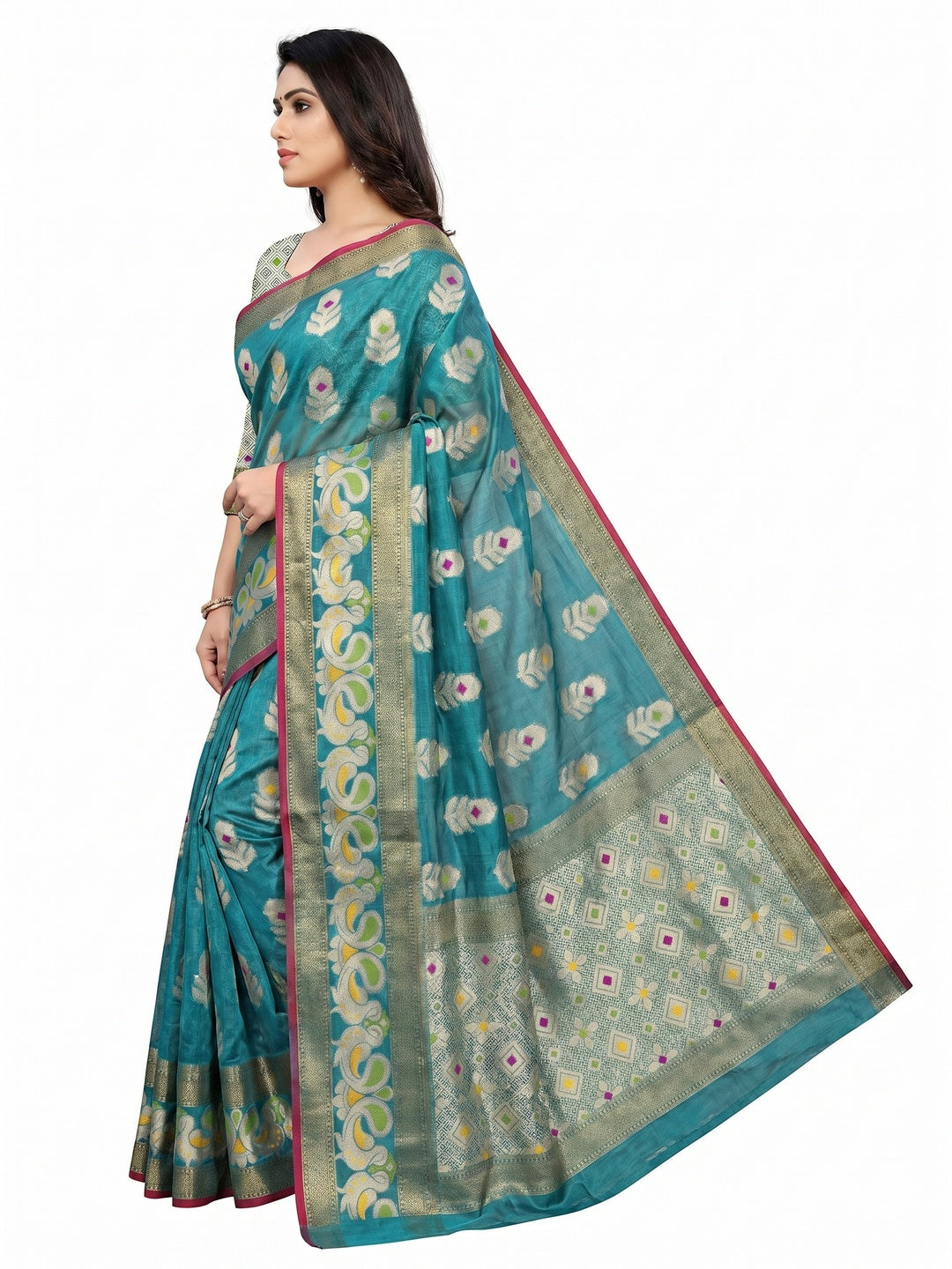 Rama Blue Woven Jacquard Saree - Image 2