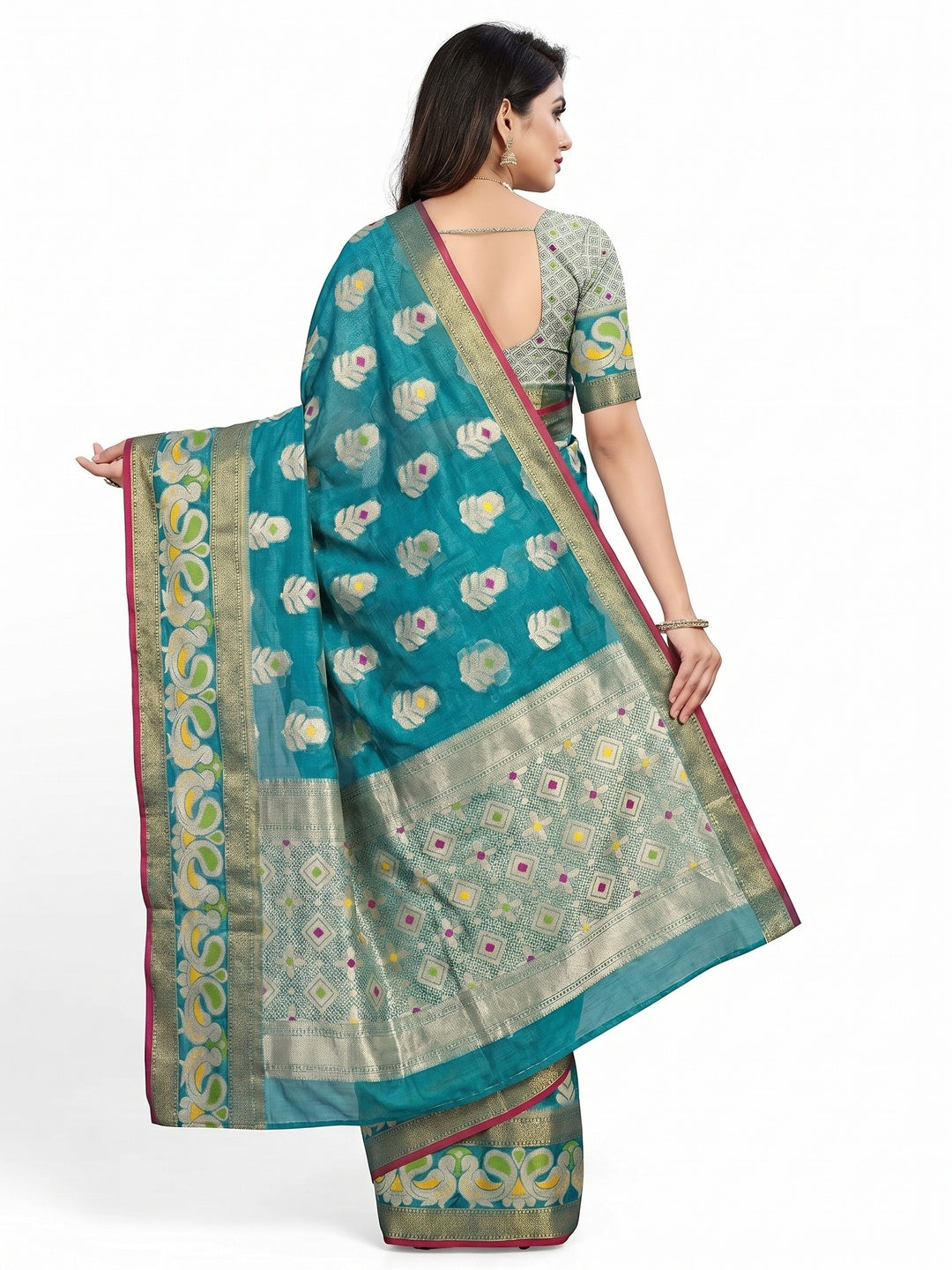 Rama Blue Woven Jacquard Saree - Image 3