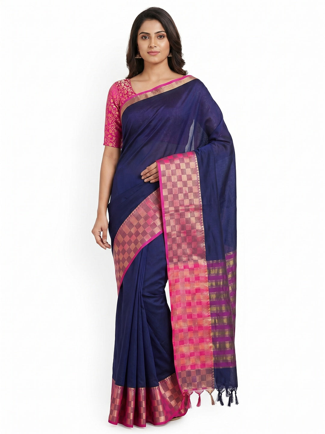 Navy Blue Woven Cotton Silk Saree With Tassels - Image 1