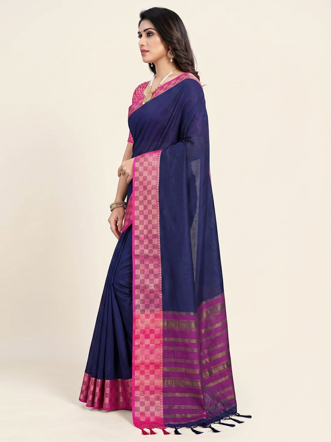 Navy Blue Woven Cotton Silk Saree With Tassels - Image 2