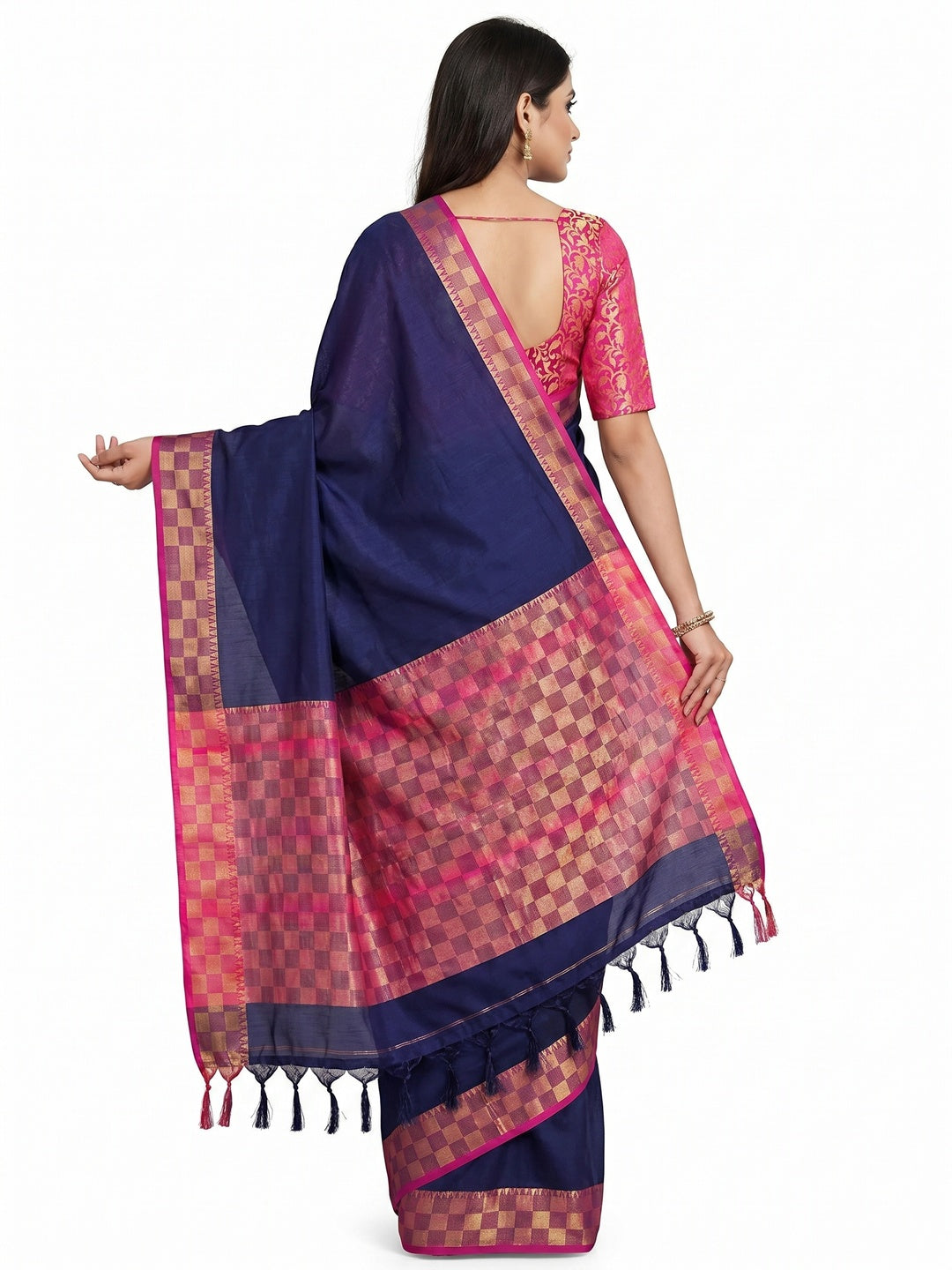Navy Blue Woven Cotton Silk Saree With Tassels - Image 3