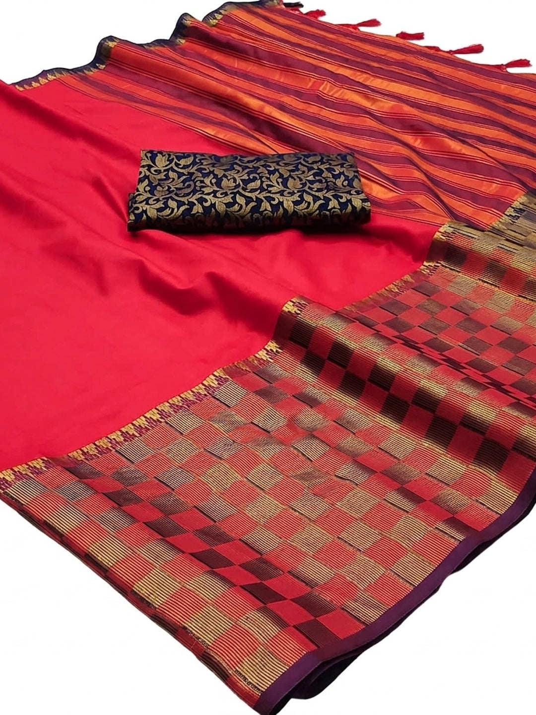 Red Woven Cotton Silk Saree With Tassels - Image 3