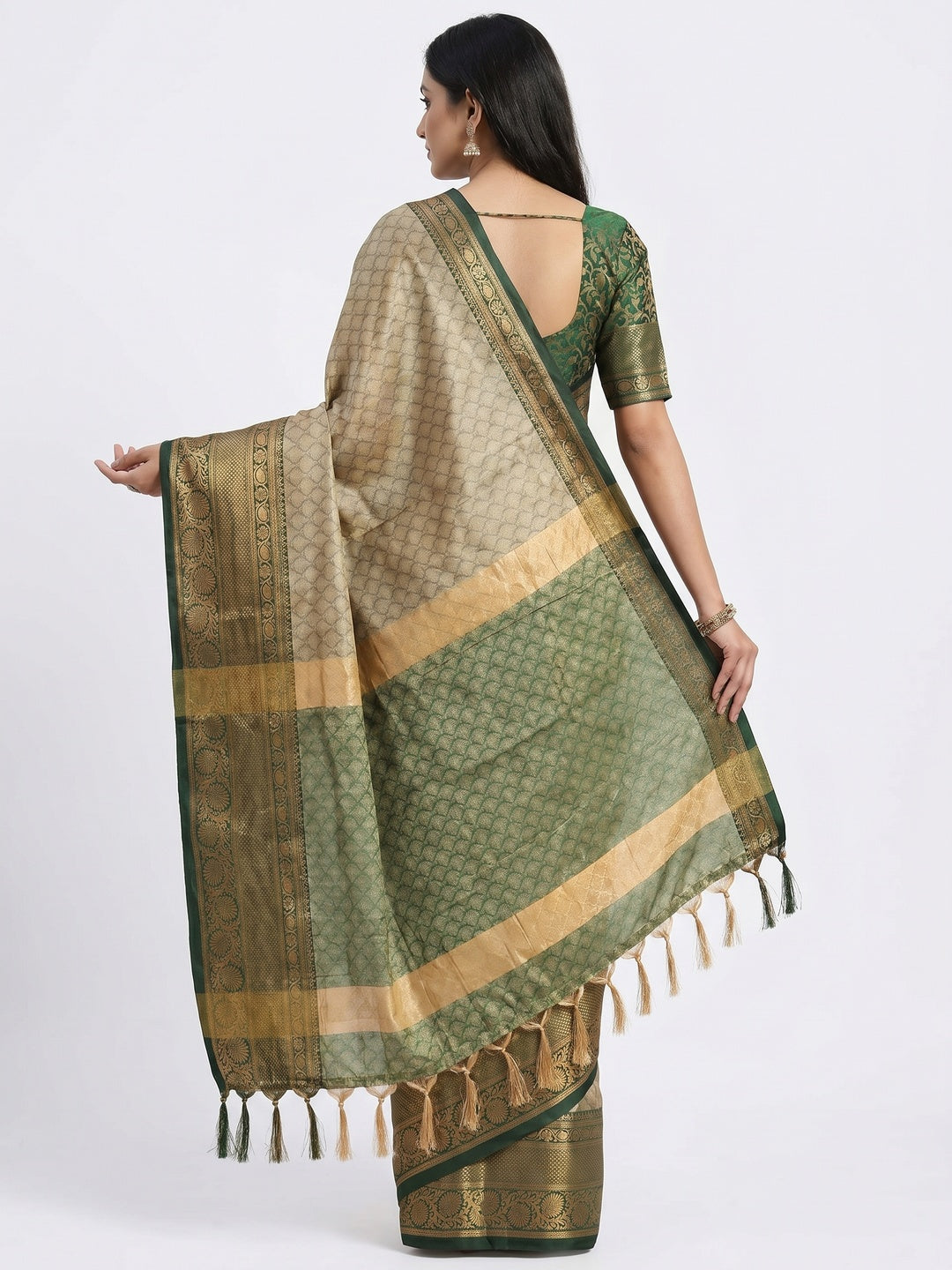 Chikoo Green Printed And Woven Cotton Silk Saree With Tassels - Image 3