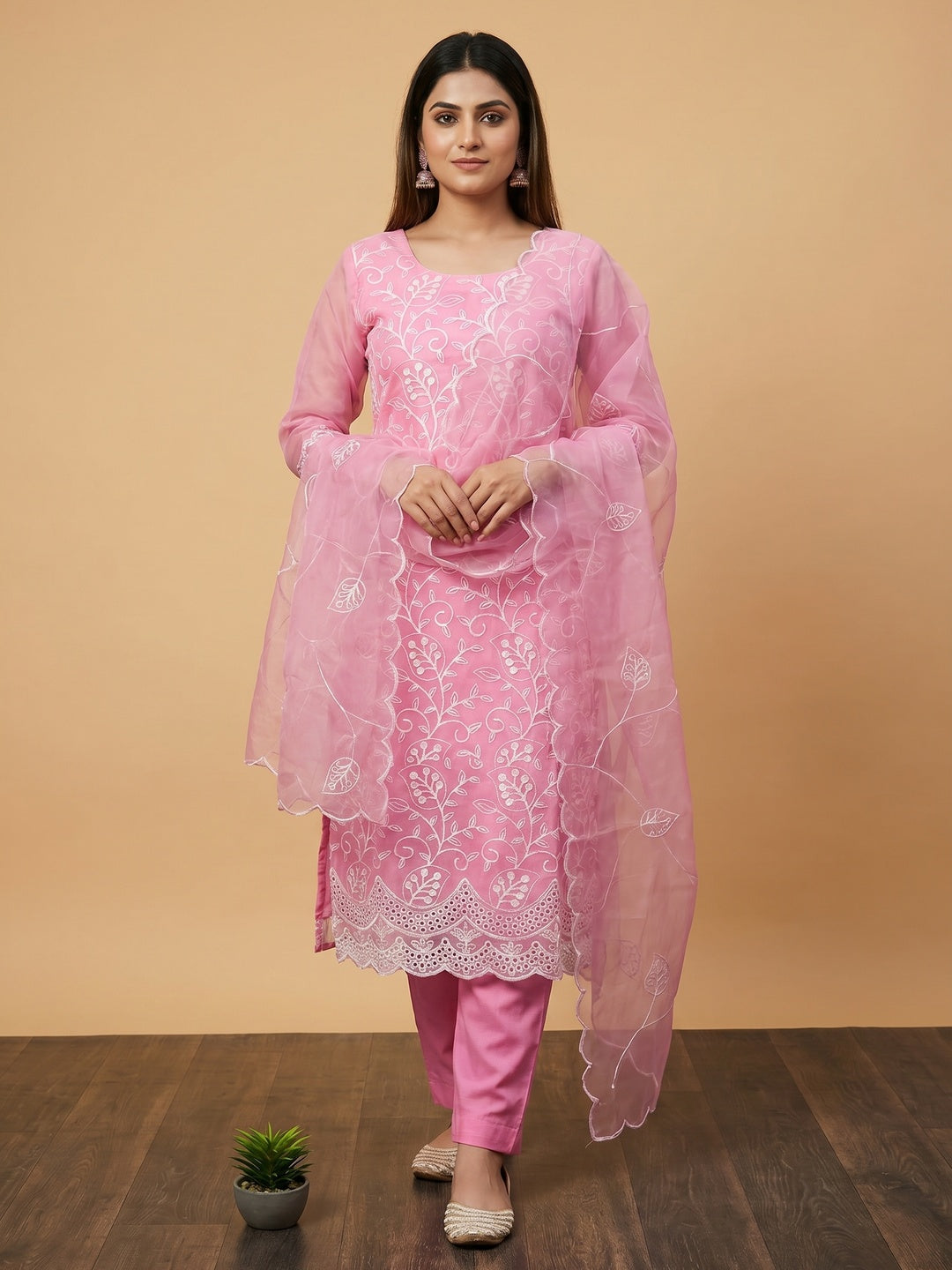 Pink Floral Embroidered Organza Dress Material - Image 1