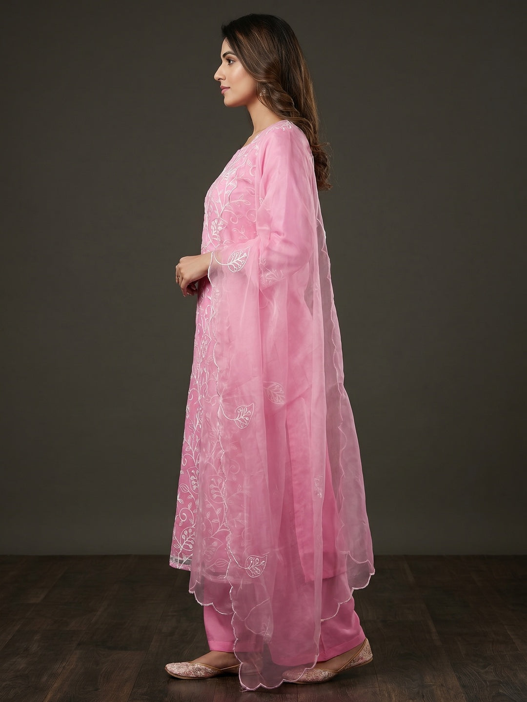 Pink Floral Embroidered Organza Dress Material - Image 3
