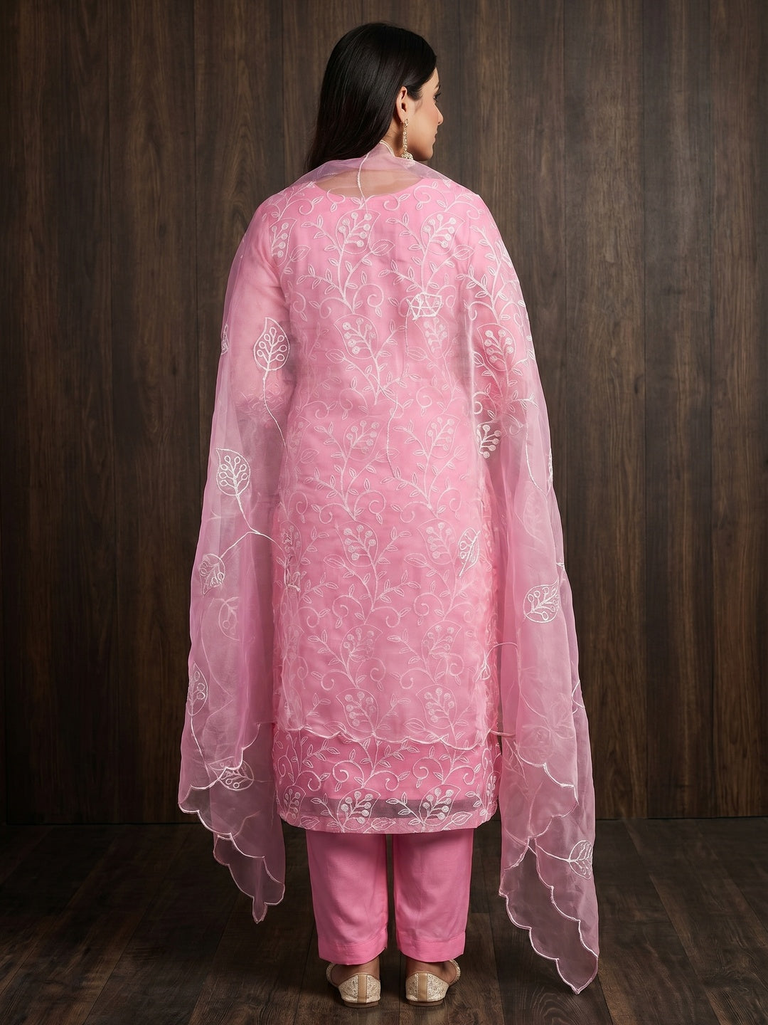 Pink Floral Embroidered Organza Dress Material - Image 2