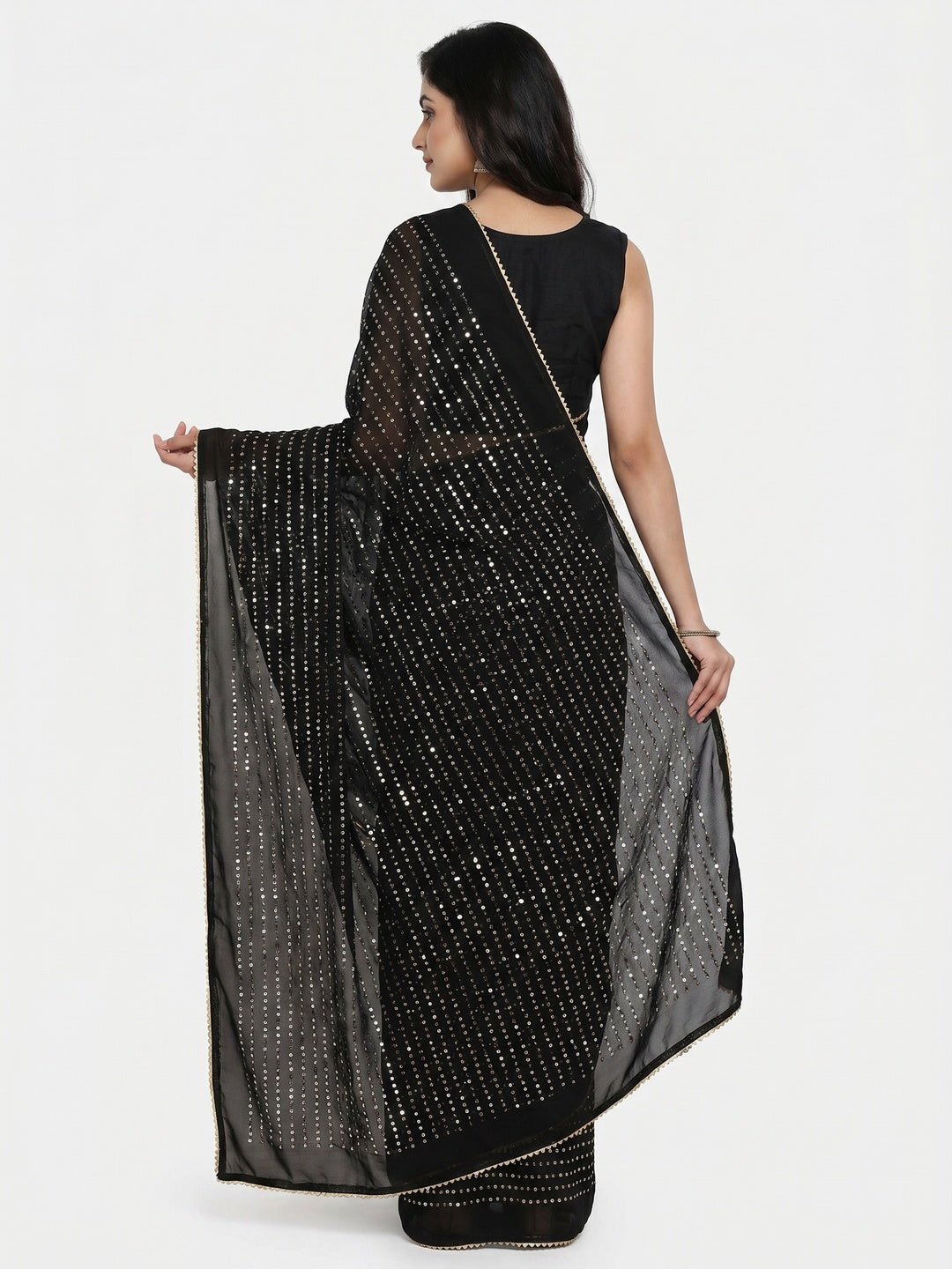 Black Sequins Embroidered Georgette Saree - Image 3