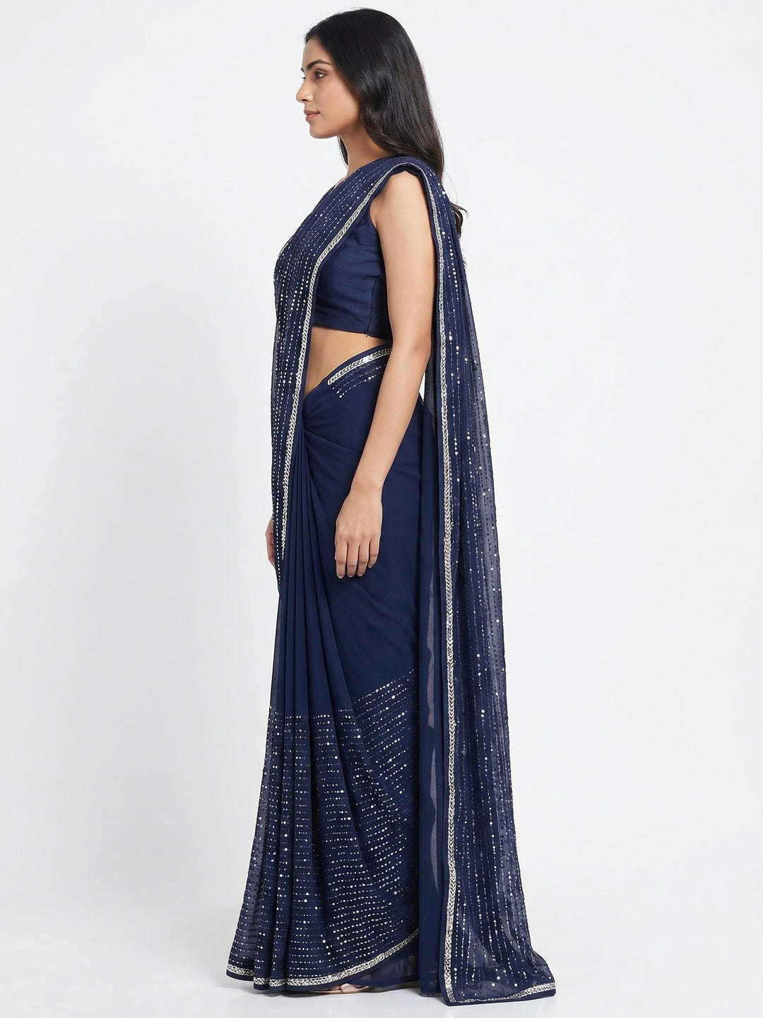 Navy Blue Sequins Embroidered Georgette Saree - Image 3