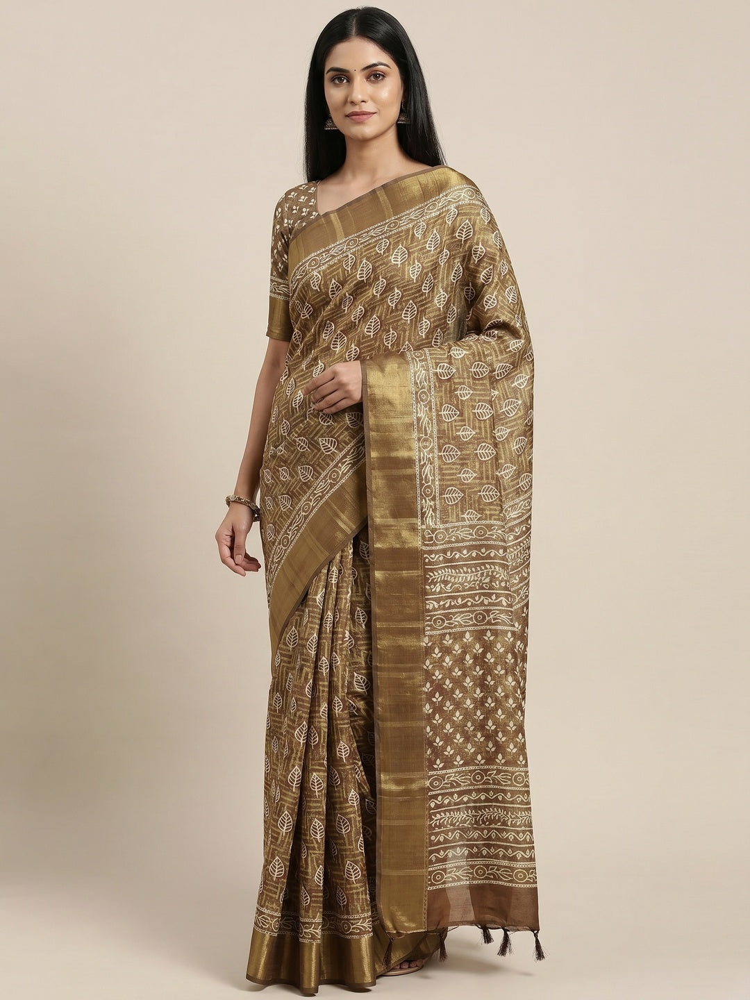 Mehendi Green Floral Printed Matka Tussar Saree With Tassels - Image 3