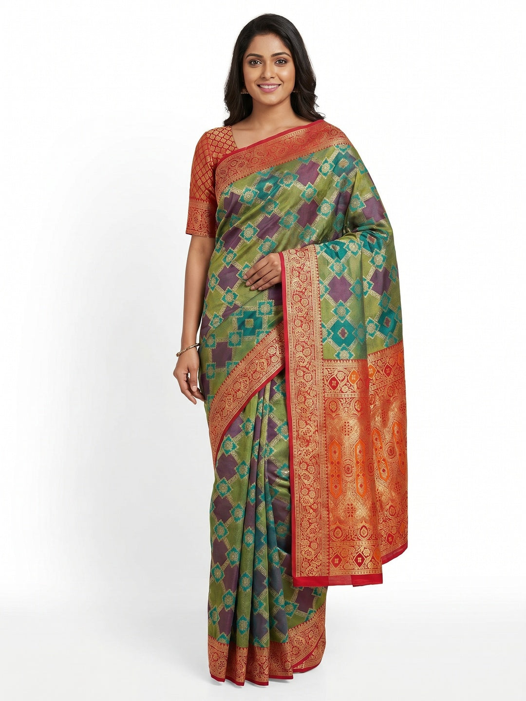 Multicolor Red Woven Cotton Silk Saree - Image 1