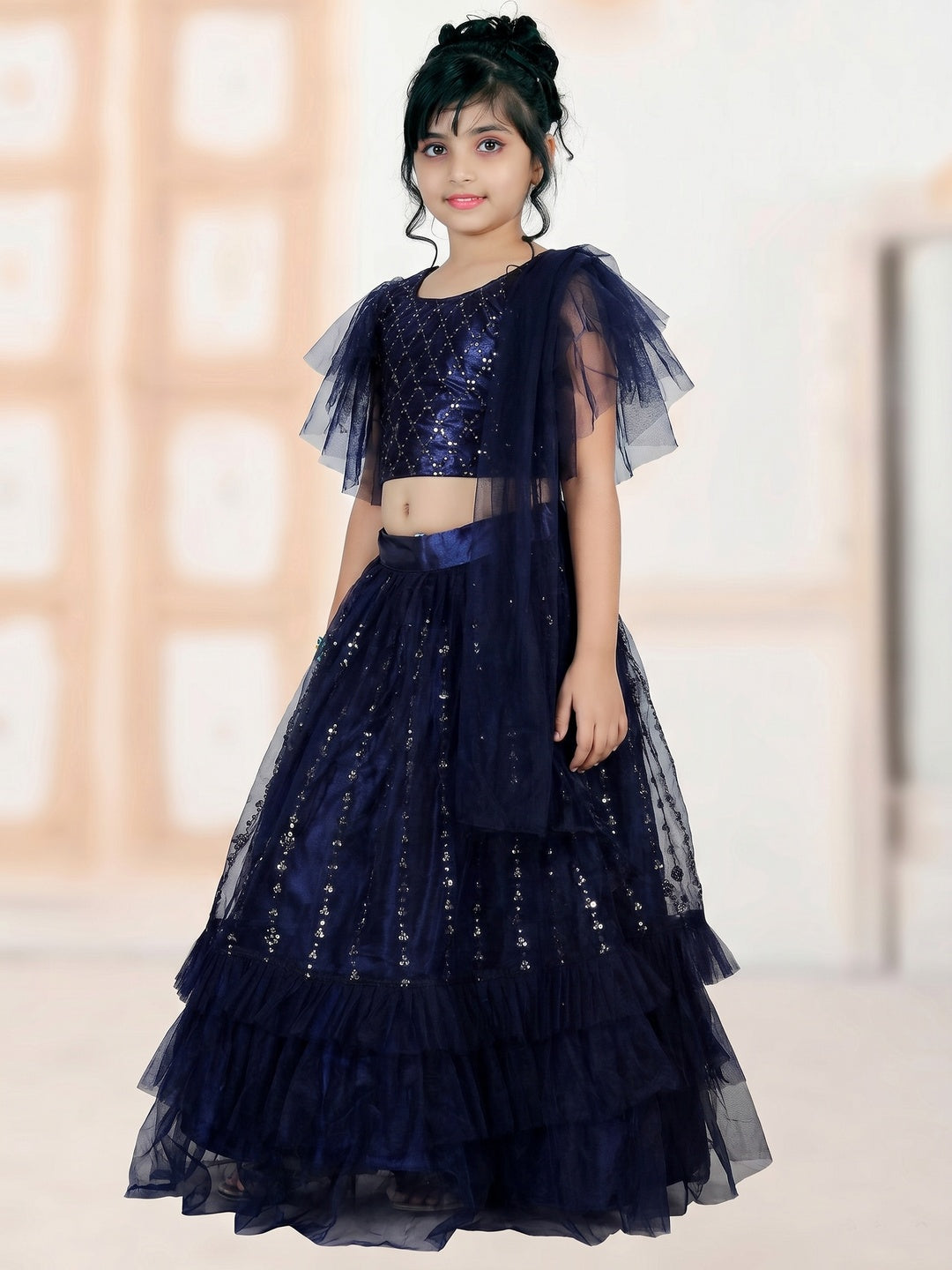 Navy Blue Embroidered Net Lehenga Choli For Kids - Image 1