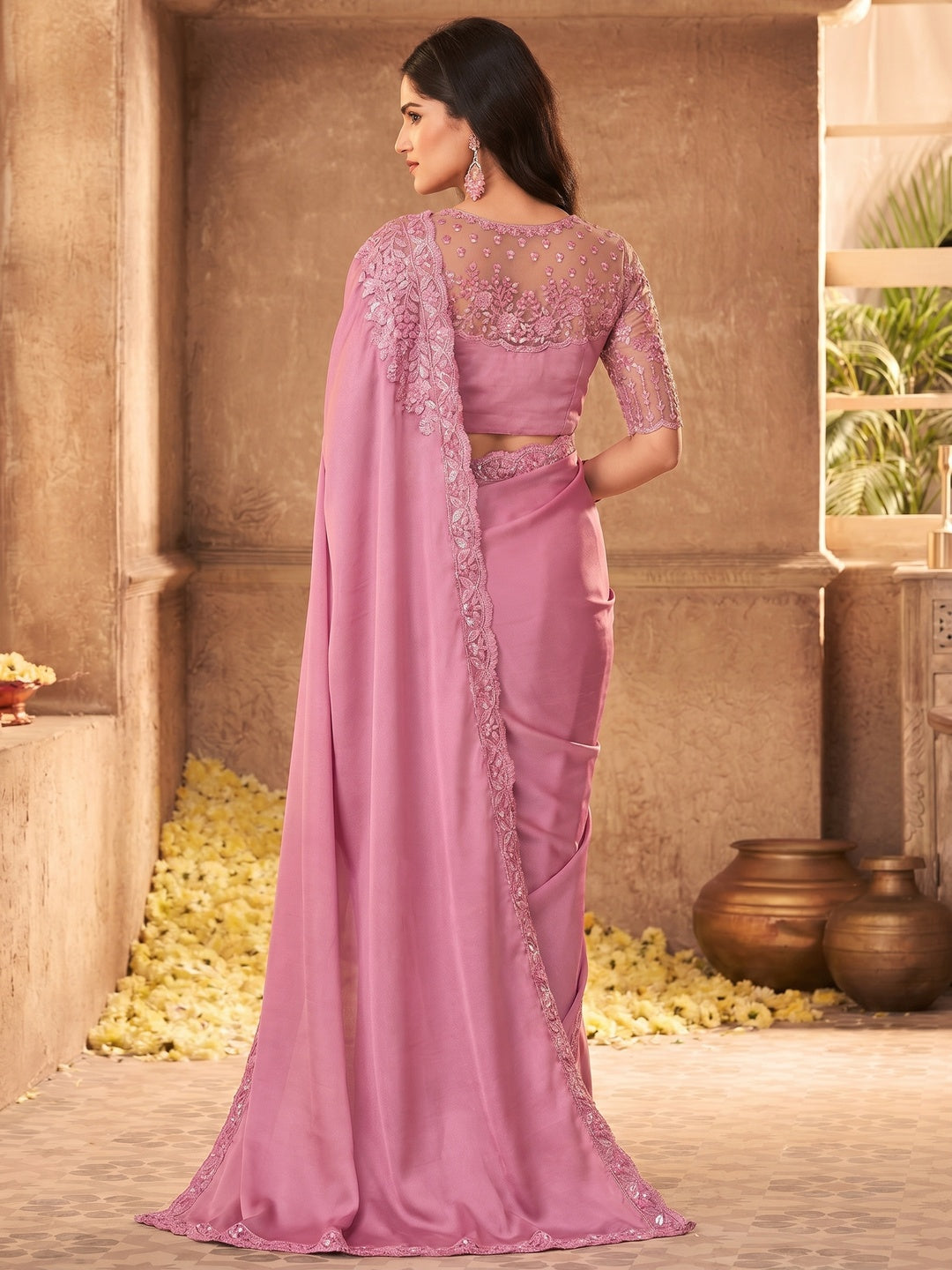 Light Pink Embroidered Art Silk Saree - Image 3