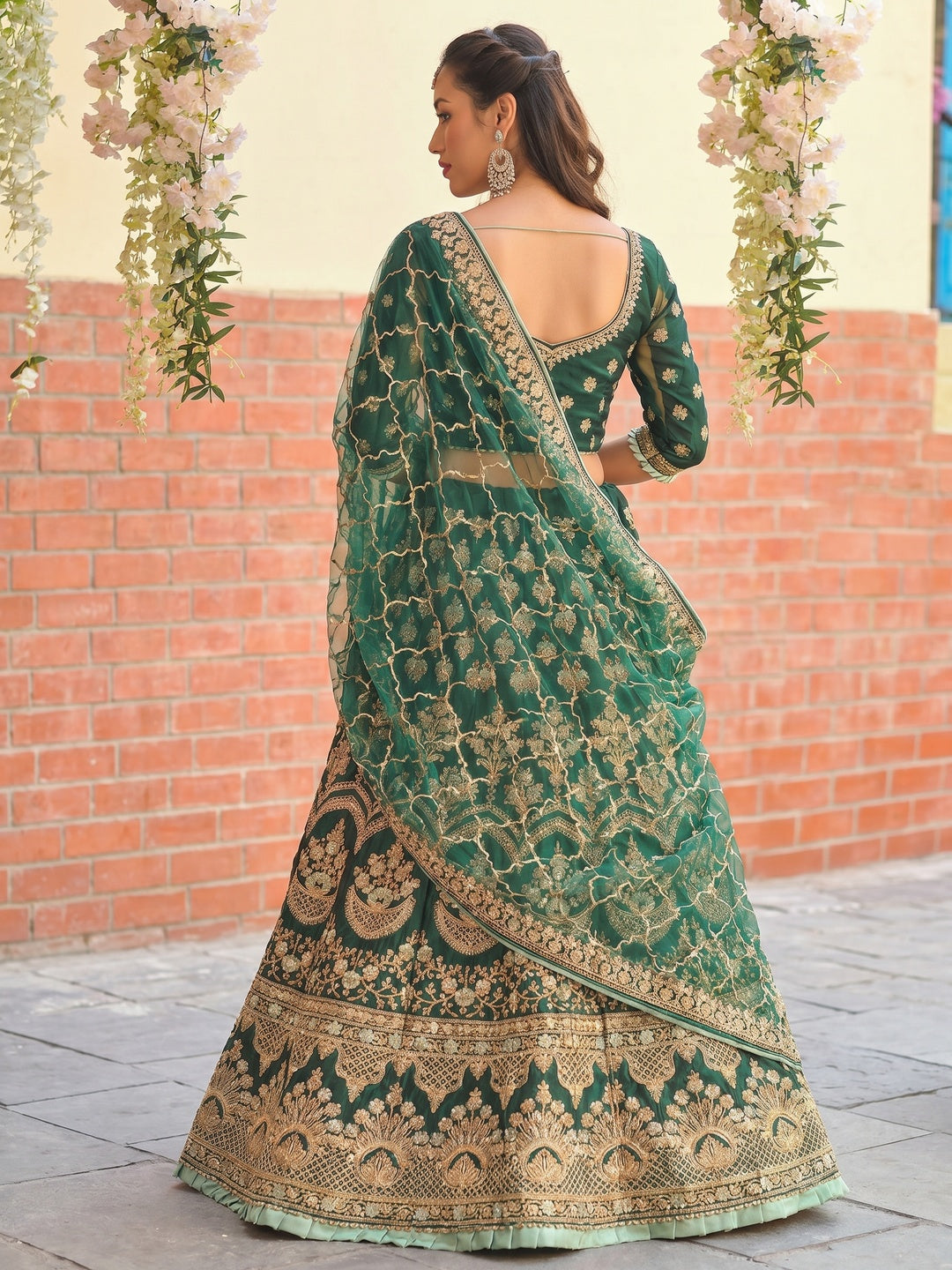 Green Floral Embroidered Pure Silk Lehenga Choli - Image 1