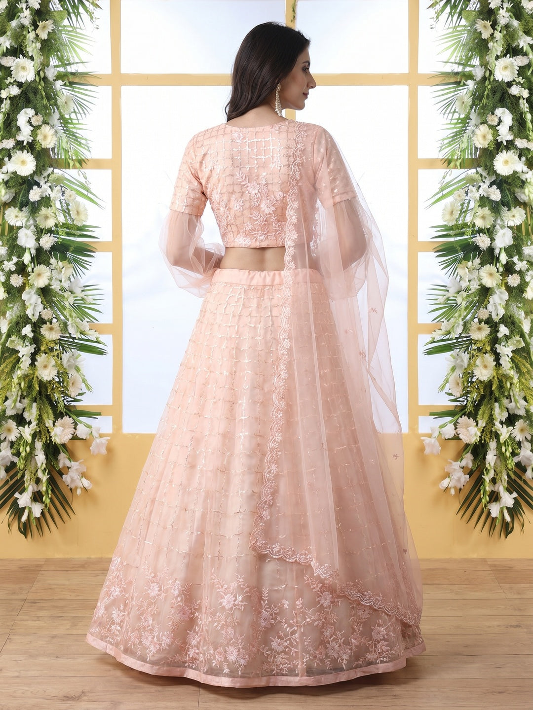 Pink Floral Embroidered Net Lehenga Choli - Image 1