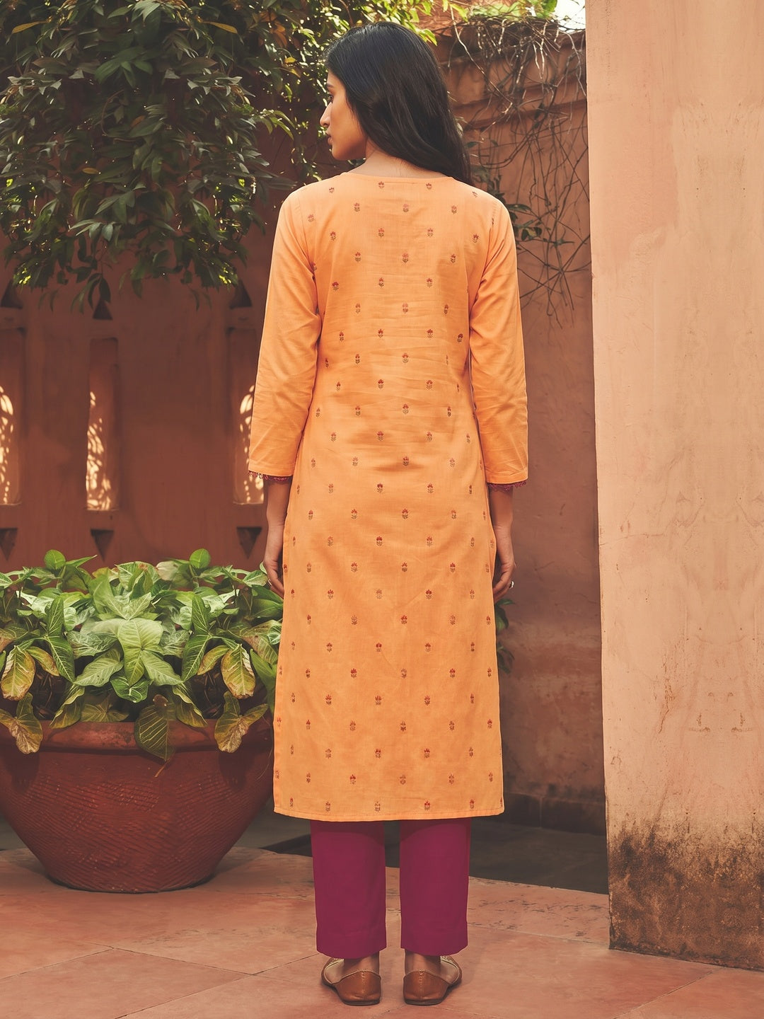 Orange Embroidered Pure Cotton Kurti Pant Set - Image 1