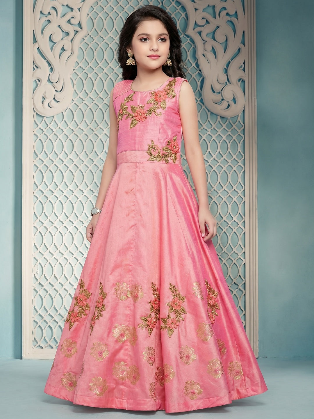Rose Pink Handwork And Foil Printed Paper Silk Gown - Image 1