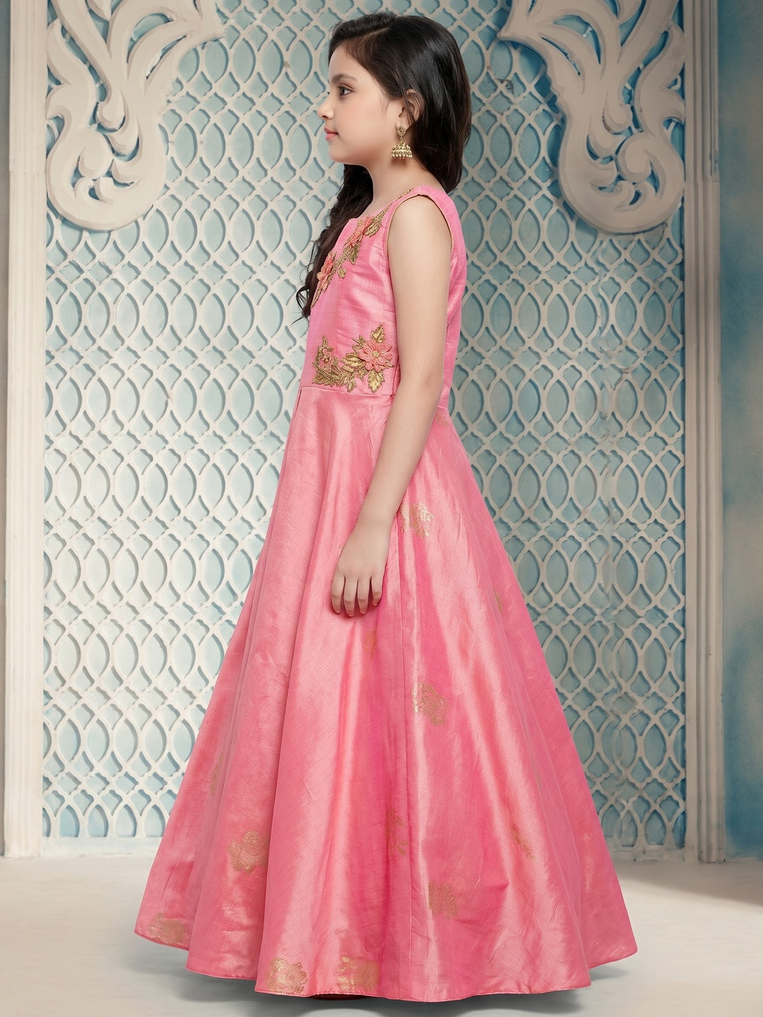 Rose Pink Handwork And Foil Printed Paper Silk Gown - Image 2