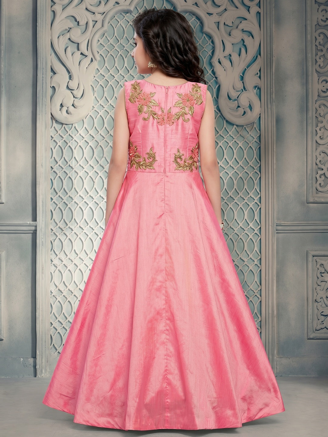 Rose Pink Handwork And Foil Printed Paper Silk Gown - Image 3