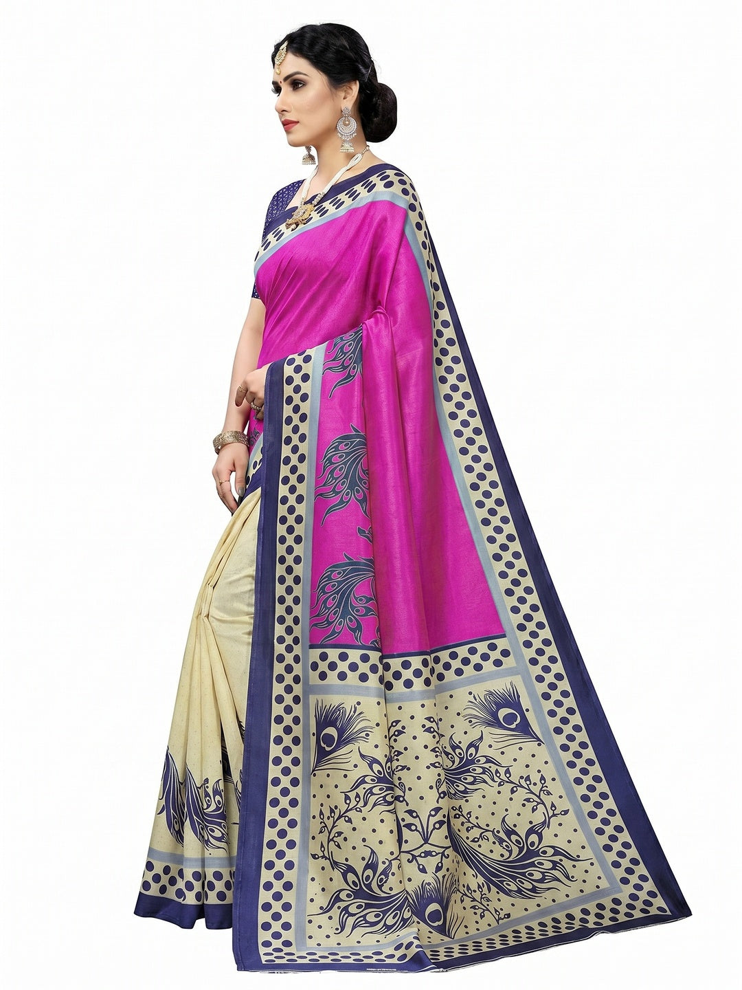 Cream Pink Printed Art Silk Half N Half Saree - Image 1