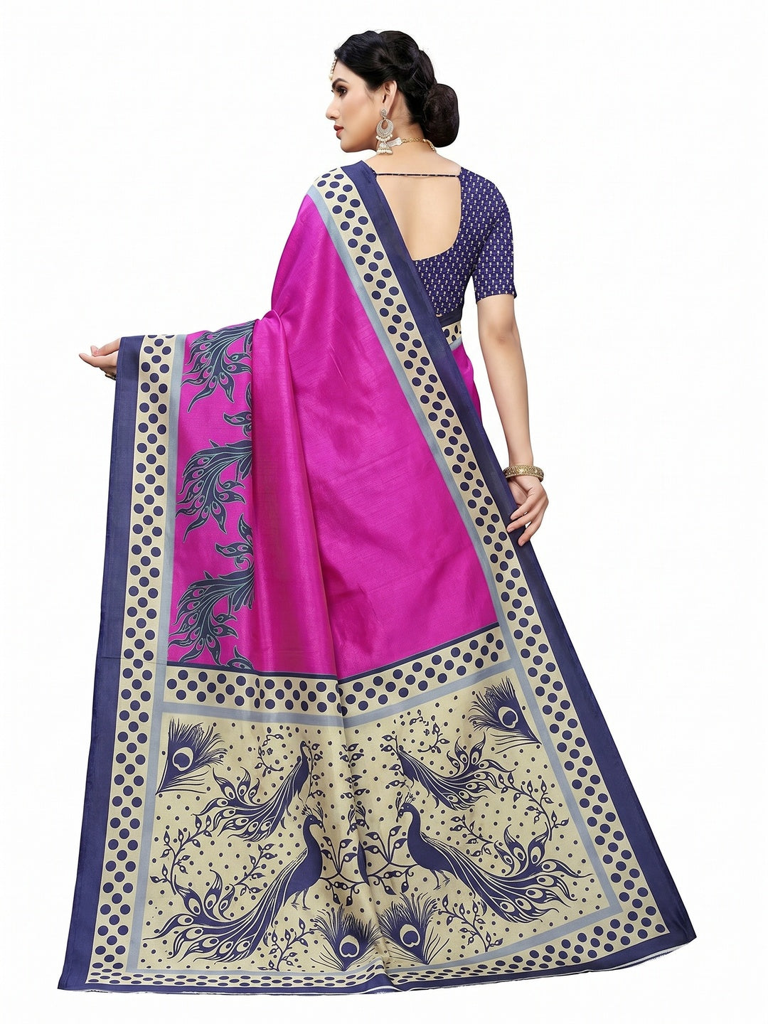 Cream Pink Printed Art Silk Half N Half Saree - Image 2