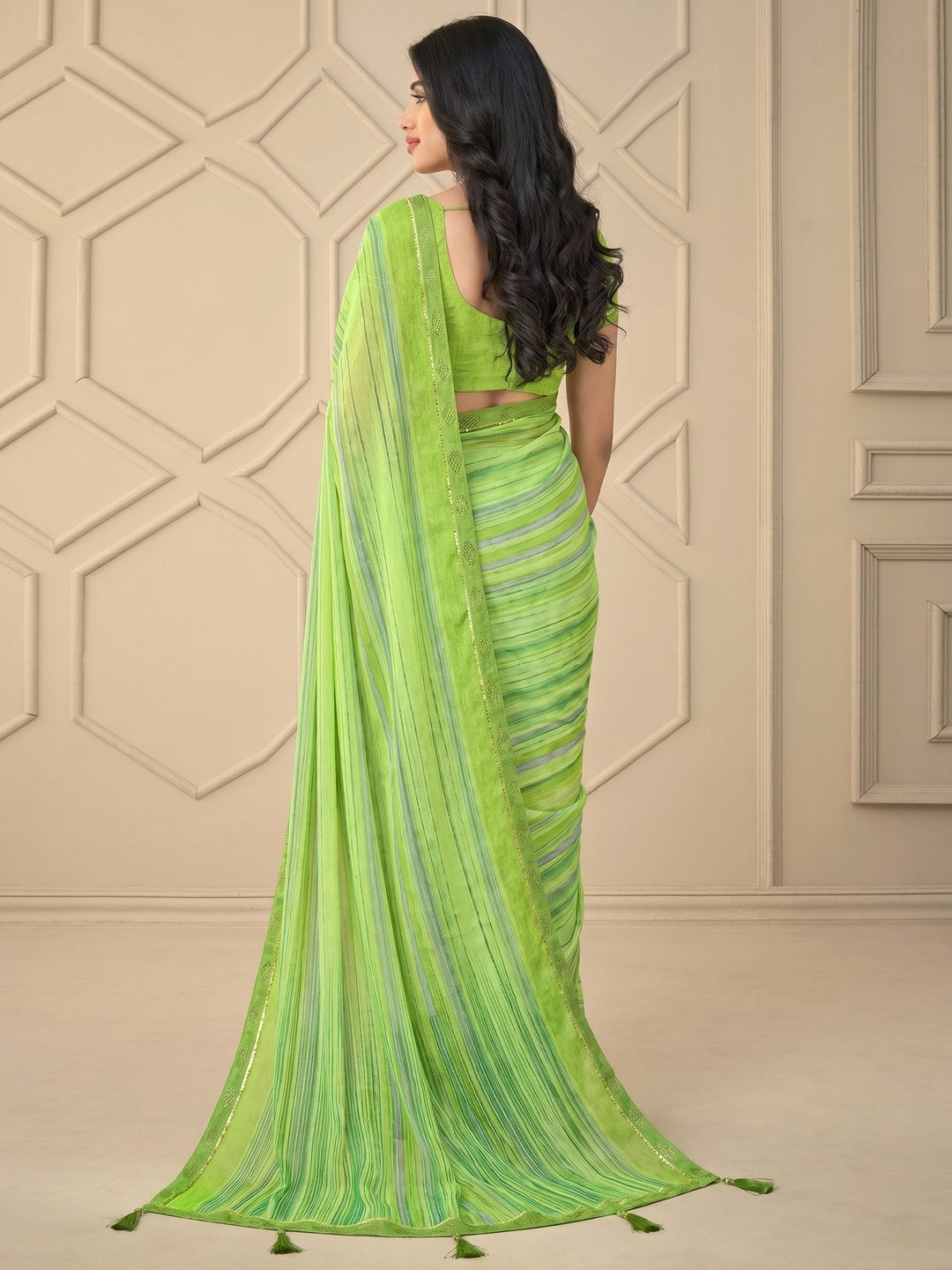 Green Printed Chiffon Saree With Tassels - Image 1