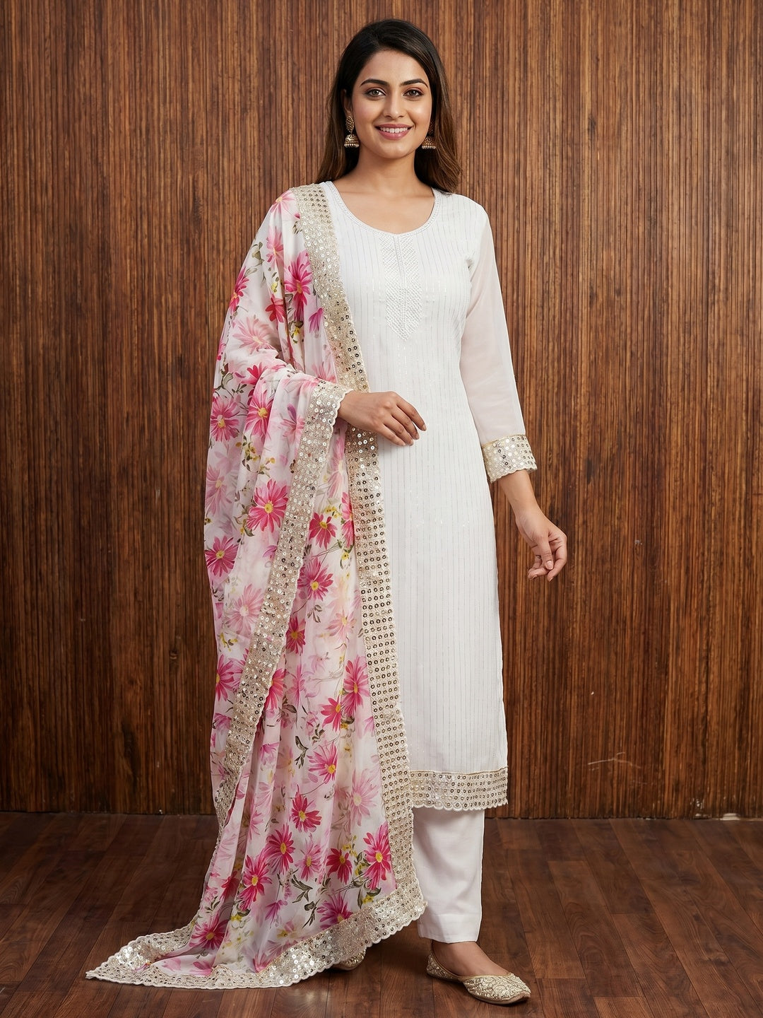 White Sequins Embroidered Georgette Dress Material - Image 1
