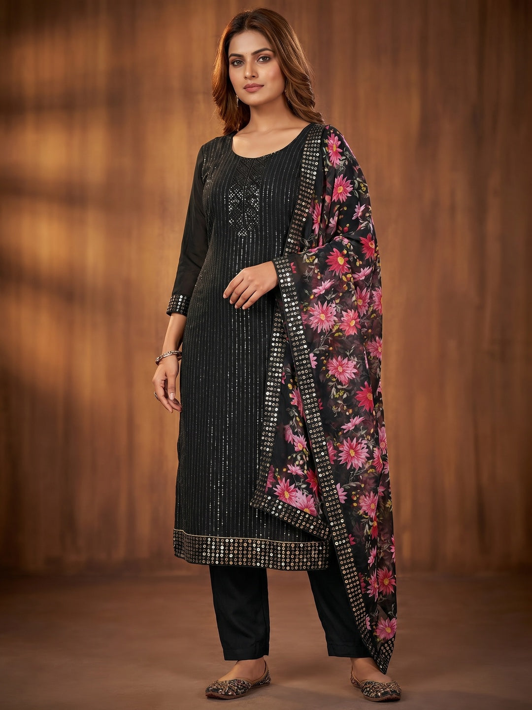 Black Sequins Embroidered Georgette Dress Material - Image 1