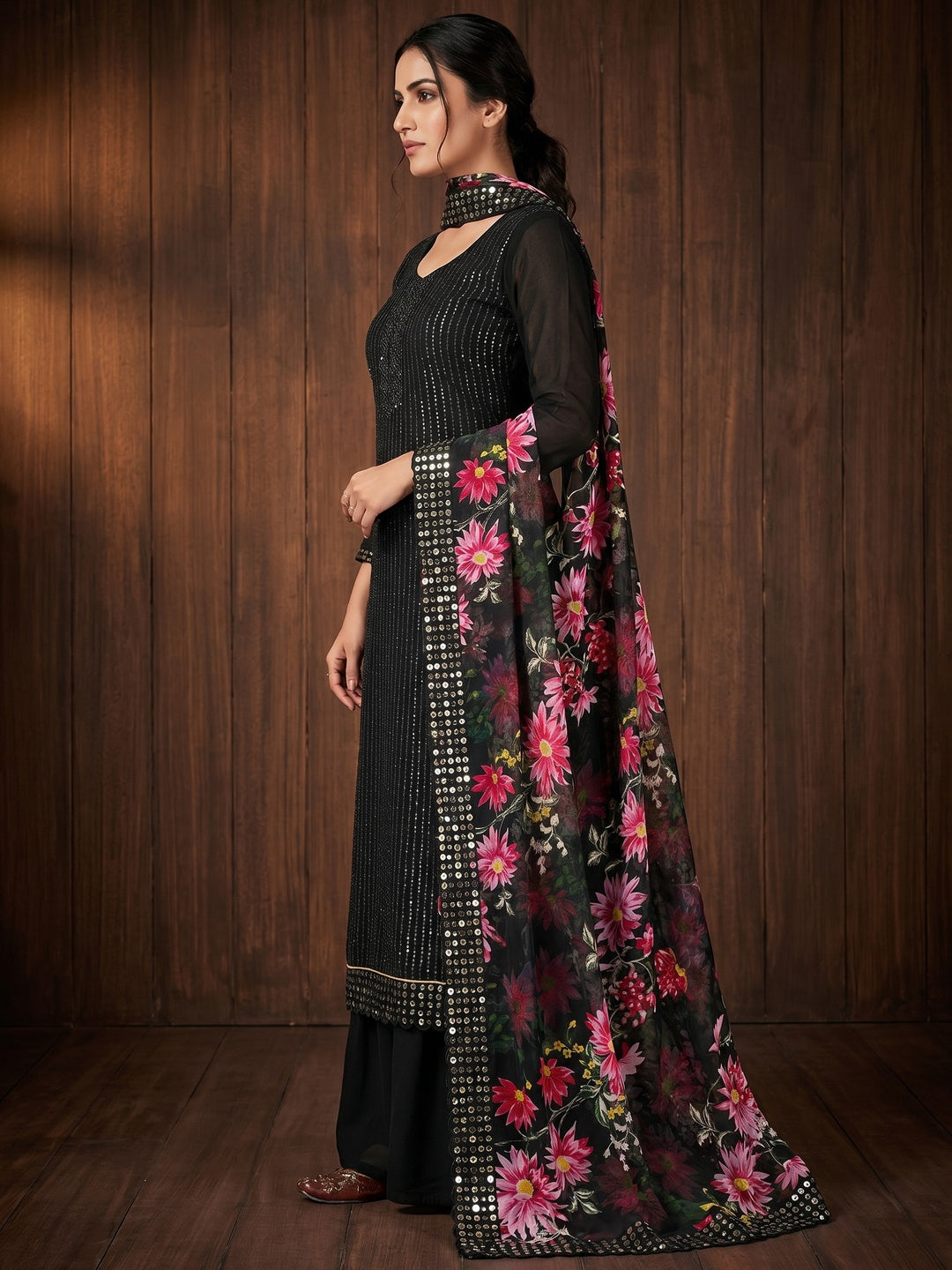 Black Sequins Embroidered Georgette Dress Material - Image 2