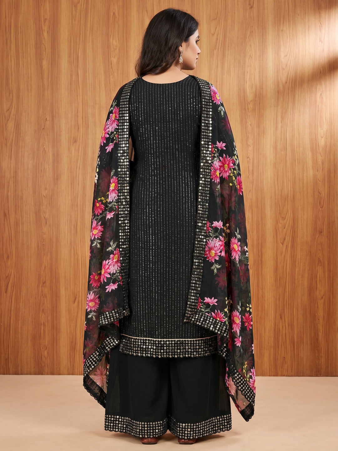 Black Sequins Embroidered Georgette Dress Material - Image 3