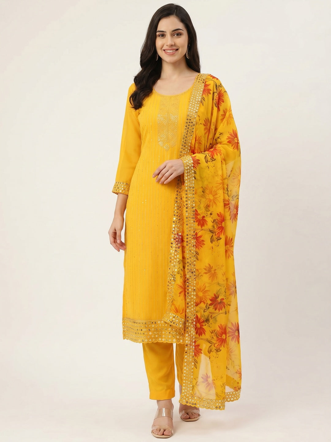Yellow Sequins Embroidered Georgette Dress Material - Image 1