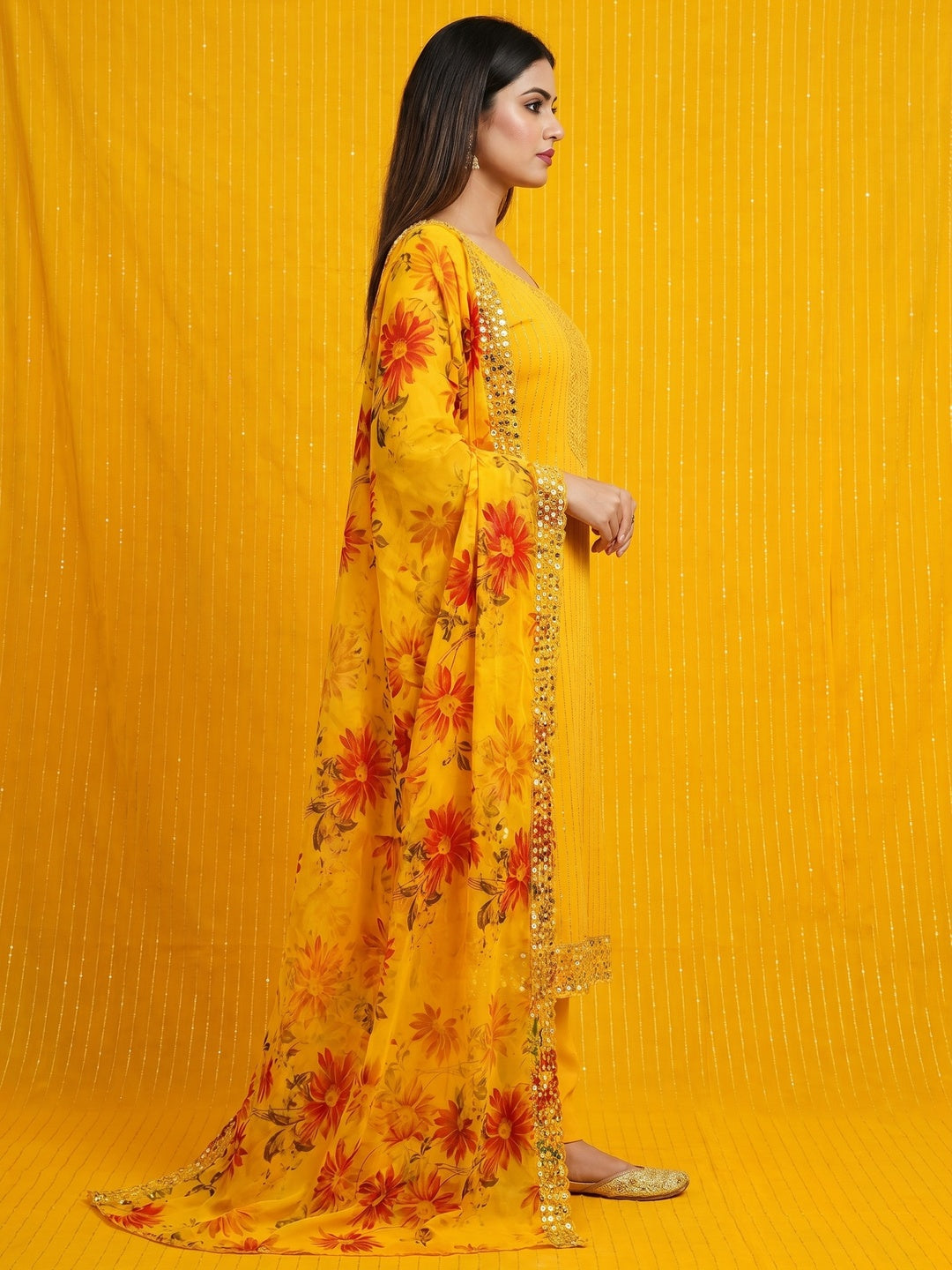 Yellow Sequins Embroidered Georgette Dress Material - Image 2