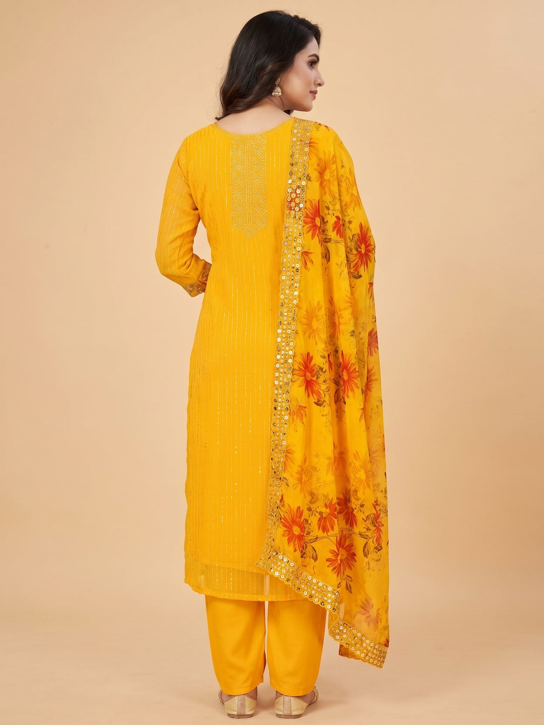 Yellow Sequins Embroidered Georgette Dress Material - Image 3