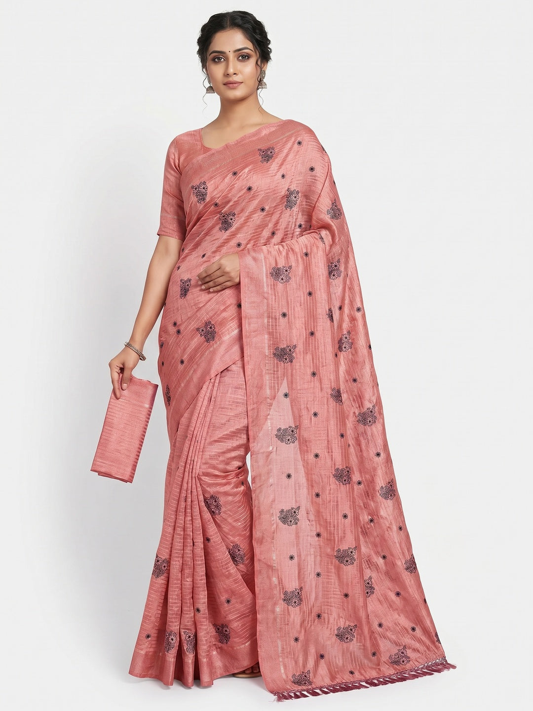 Peach Floral Embroidered Art Silk Saree - Image 1