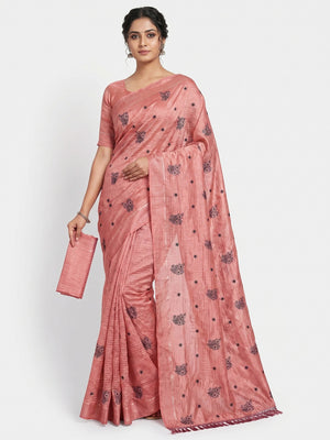 Peach Floral Embroidered Art Silk Saree - Image 1