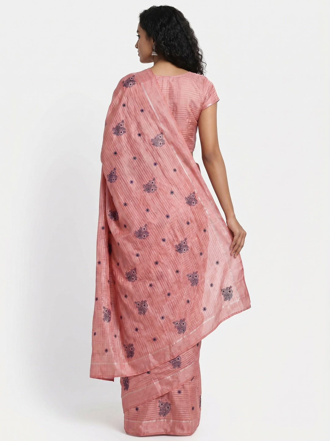 Peach Floral Embroidered Art Silk Saree - Image 3