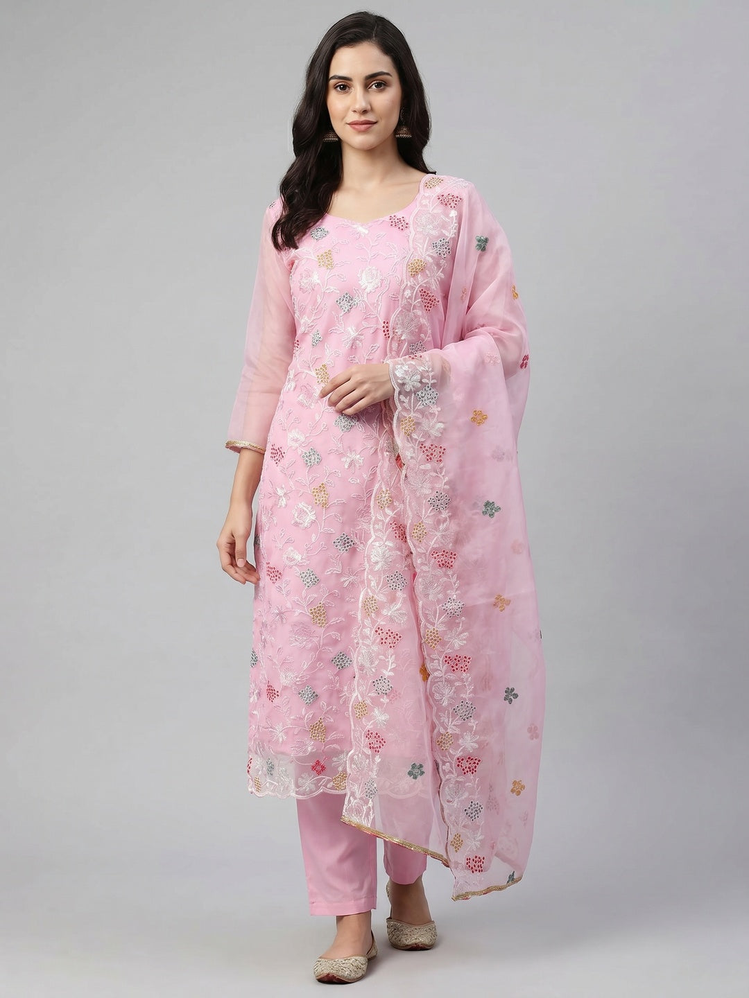 Pink Sequins Embroidered Organza Dress Material - Image 1