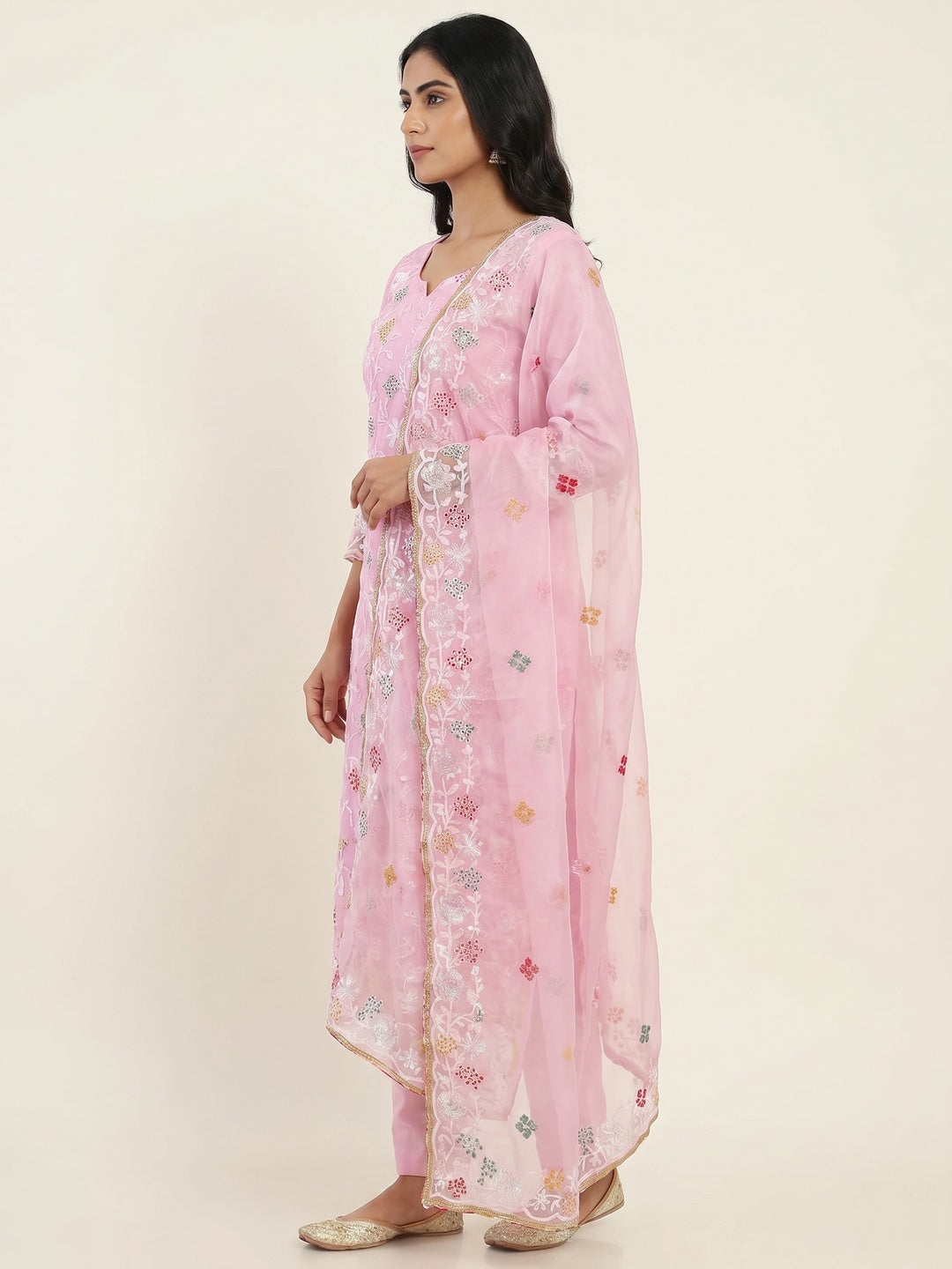 Pink Sequins Embroidered Organza Dress Material - Image 2