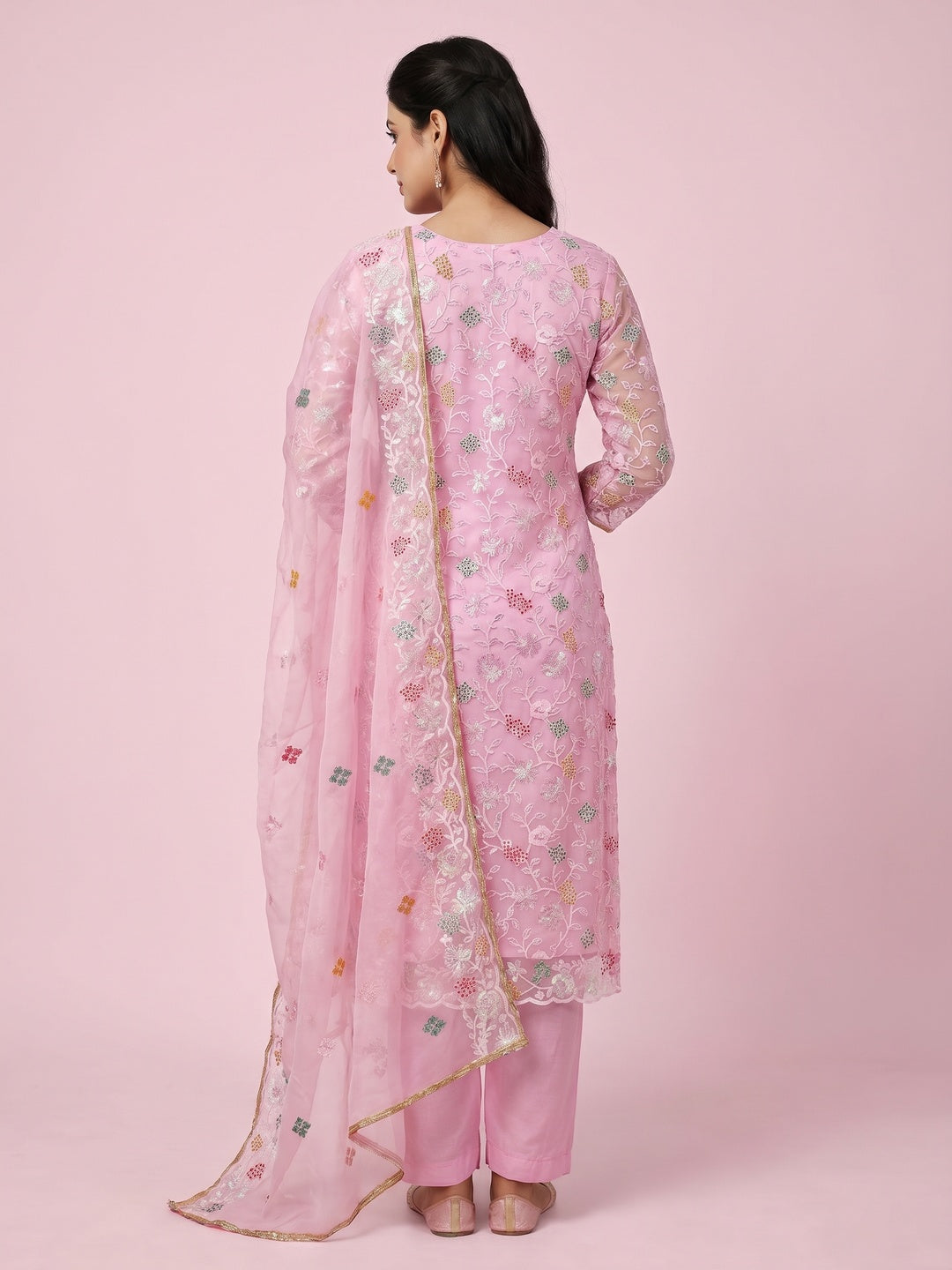 Pink Sequins Embroidered Organza Dress Material - Image 3