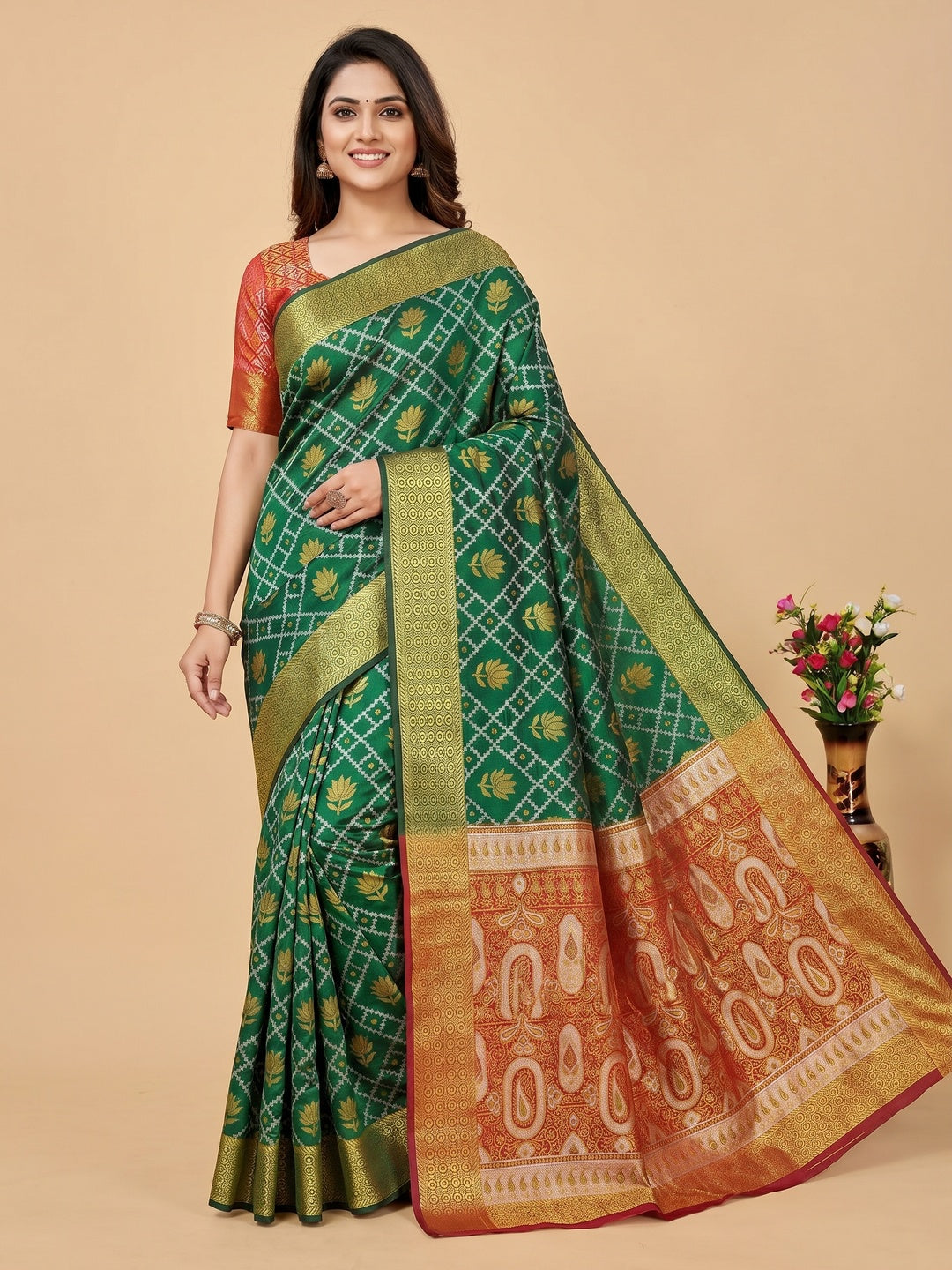 Bottle Green Floral Woven Banarasi Silk Saree - Image 1