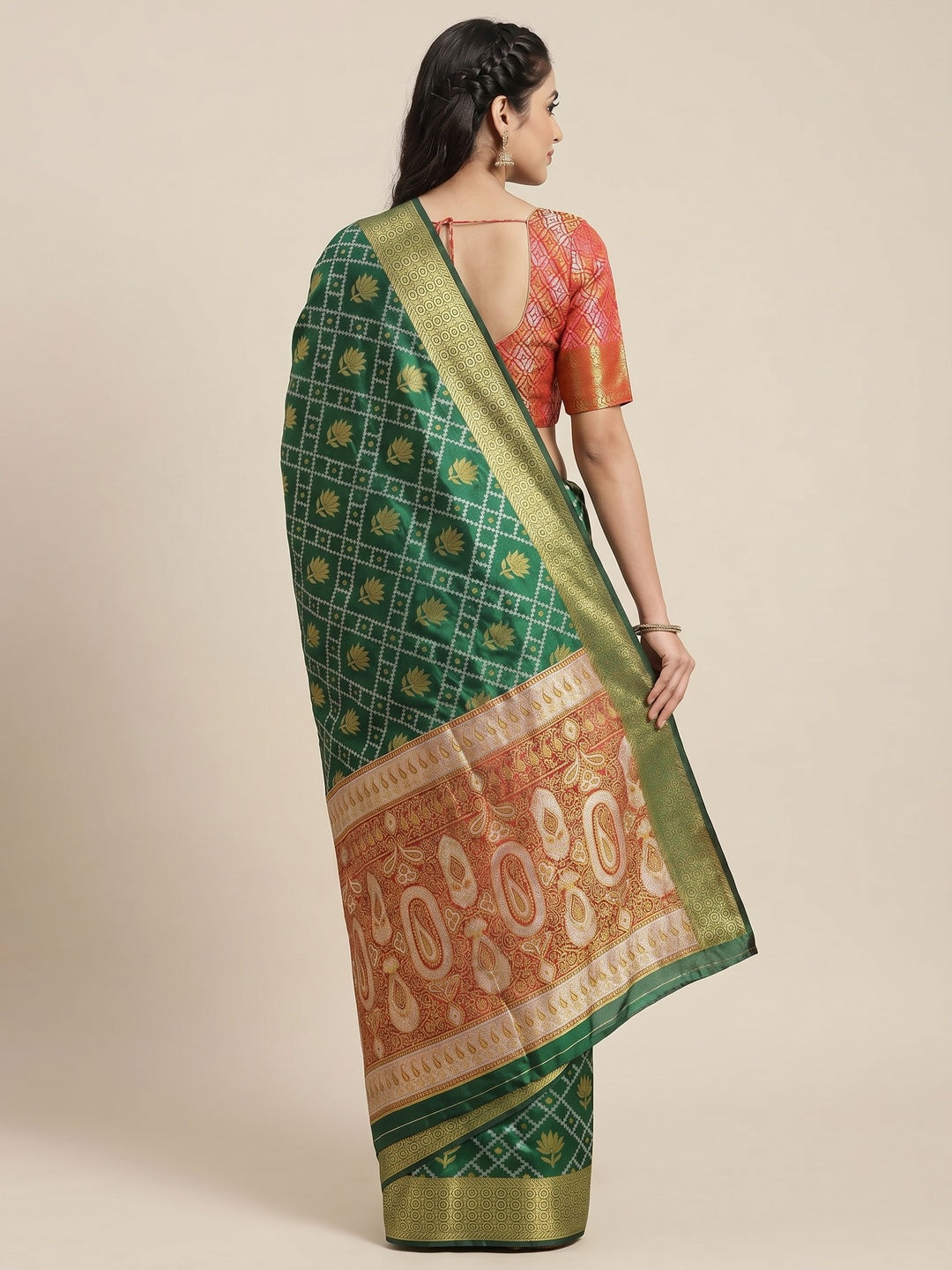 Bottle Green Floral Woven Banarasi Silk Saree - Image 2