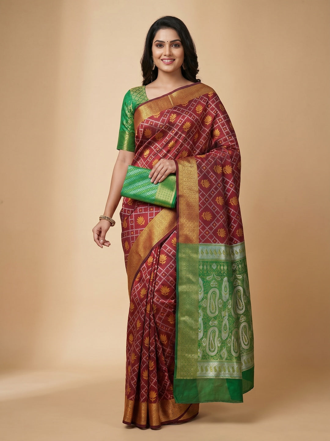 Maroon Floral Woven Banarasi Silk Saree - Image 1