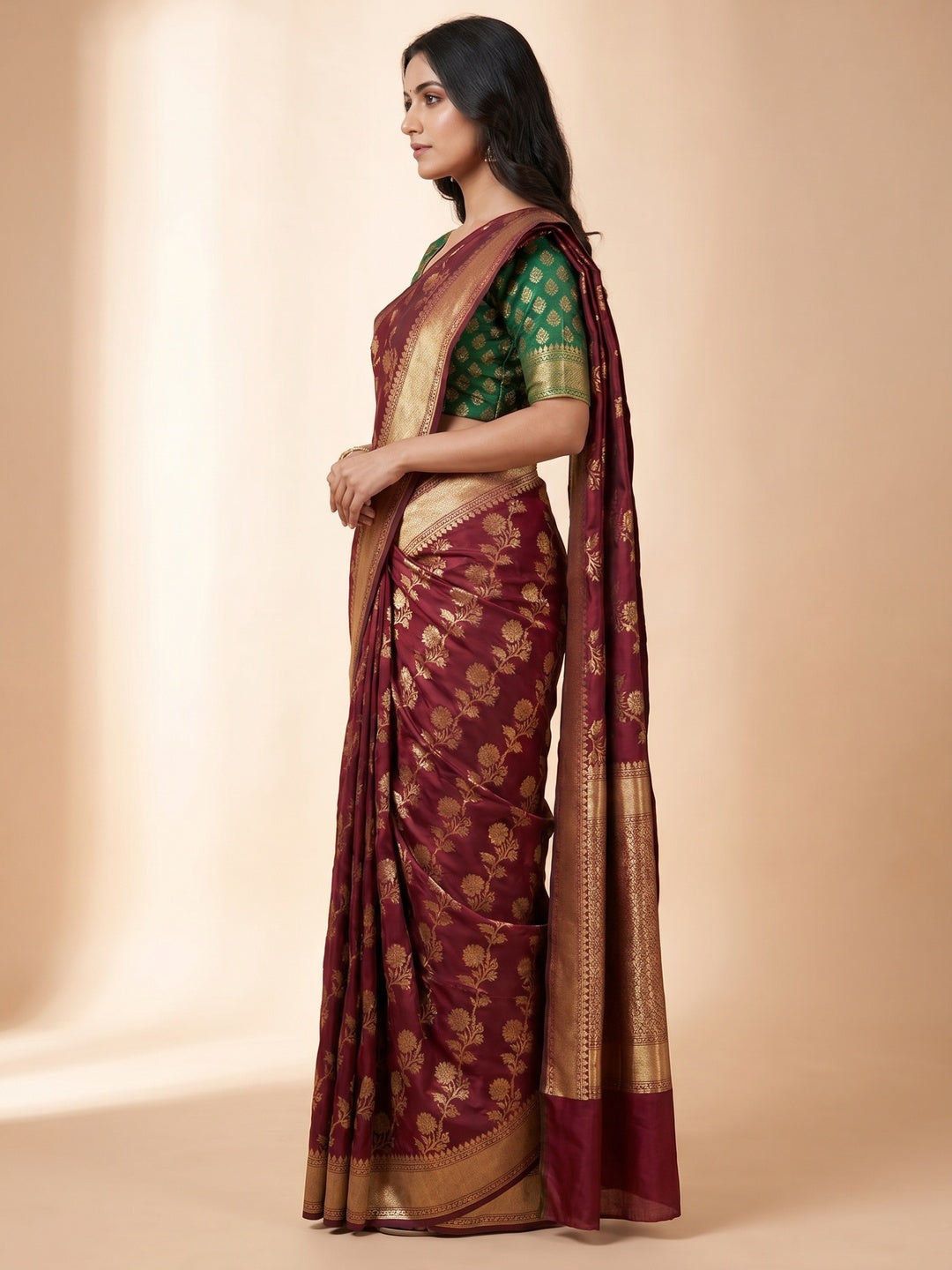 Maroon Floral Woven Banarasi Silk Saree - Image 3