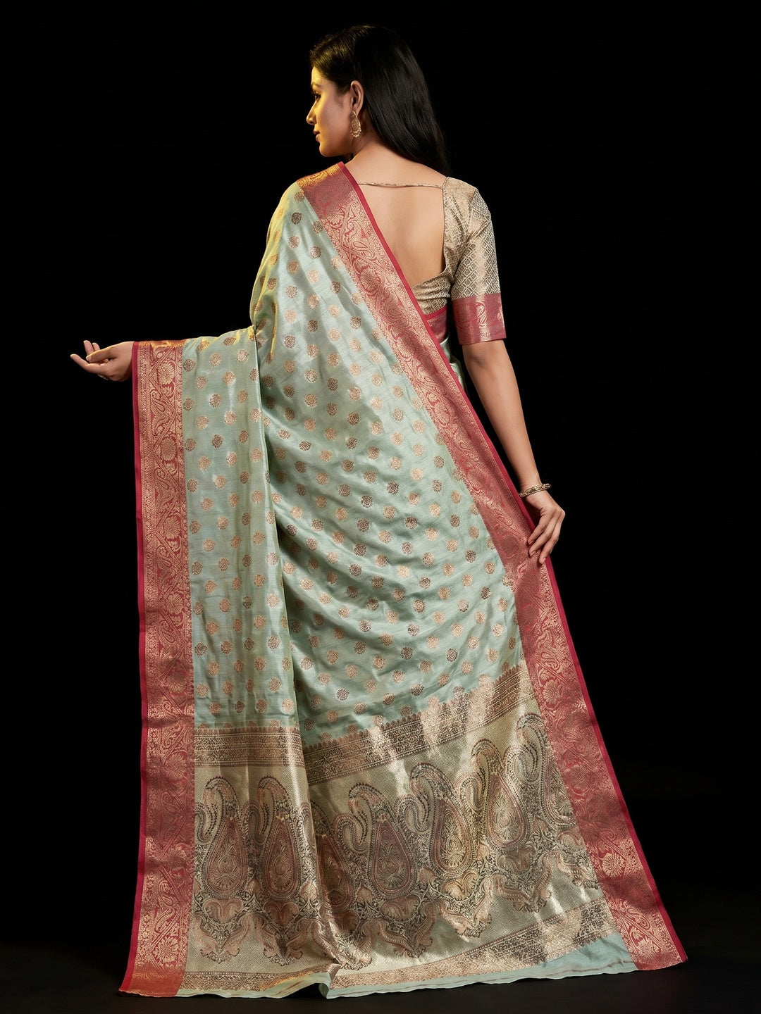 Sea Green Woven Kanjivaram Silk Saree - Image 3