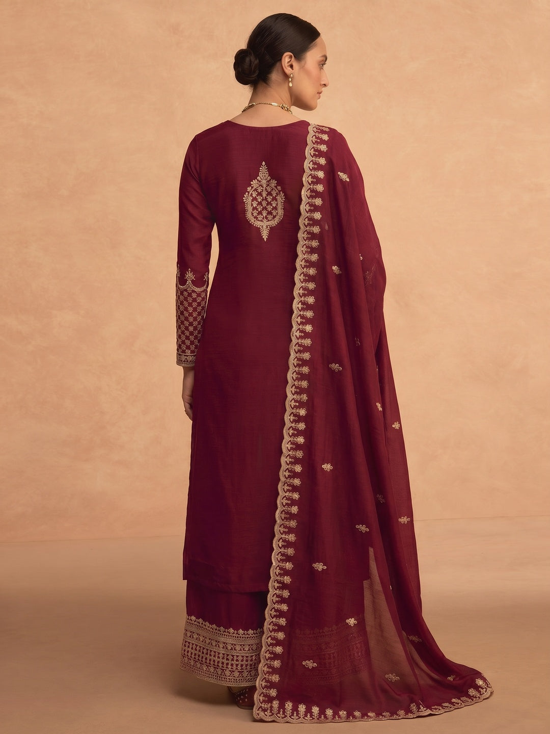 Red Sequins Embroidered Georgette Palazzo Suit - Image 1