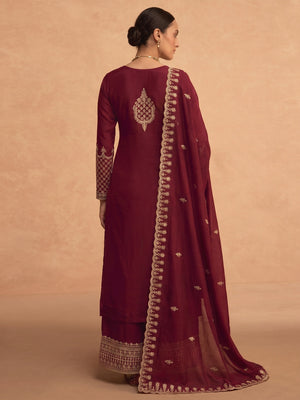 Red Sequins Embroidered Georgette Palazzo Suit - Image 1