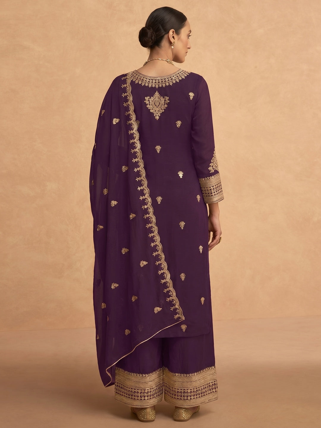 Purple Sequins Embroidered Georgette Palazzo Suit - Image 2