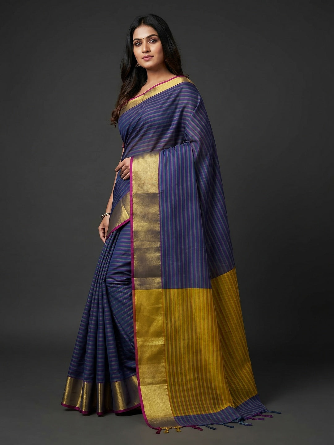 Navy Blue Woven Cotton Silk Saree - Image 1