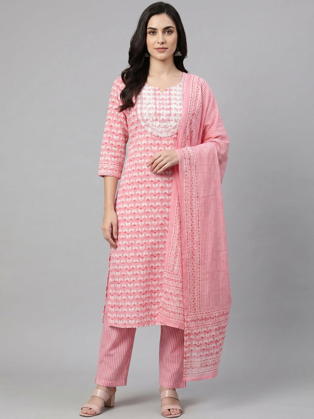 Elegant Pink Floral Printed Pure Cotton Salwar Suit Set - Image 1