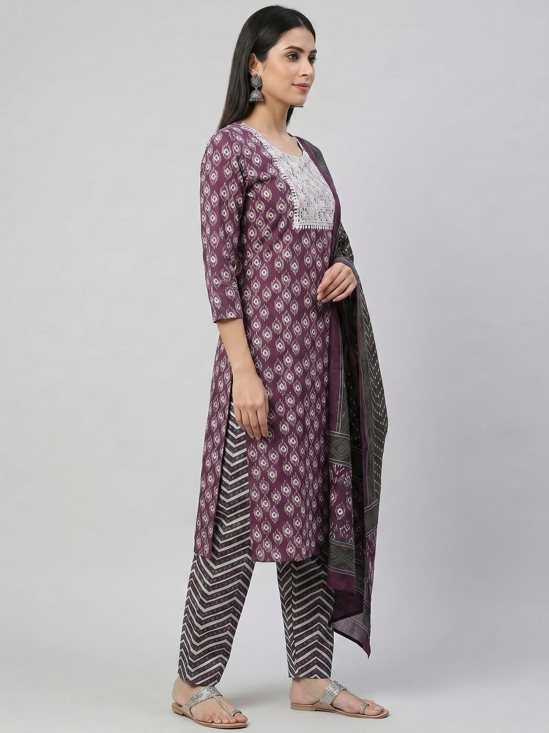 Elegant Purple Pure Cotton Printed Kurta Set with Dupatta - Image 2